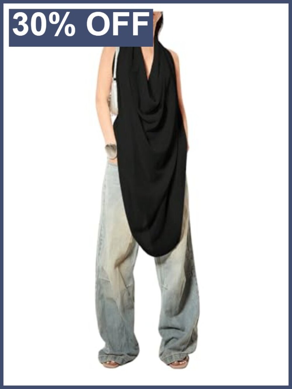Women's Cowl Neck Backless Halter Top See Through Sleeveless Draped Tank Top